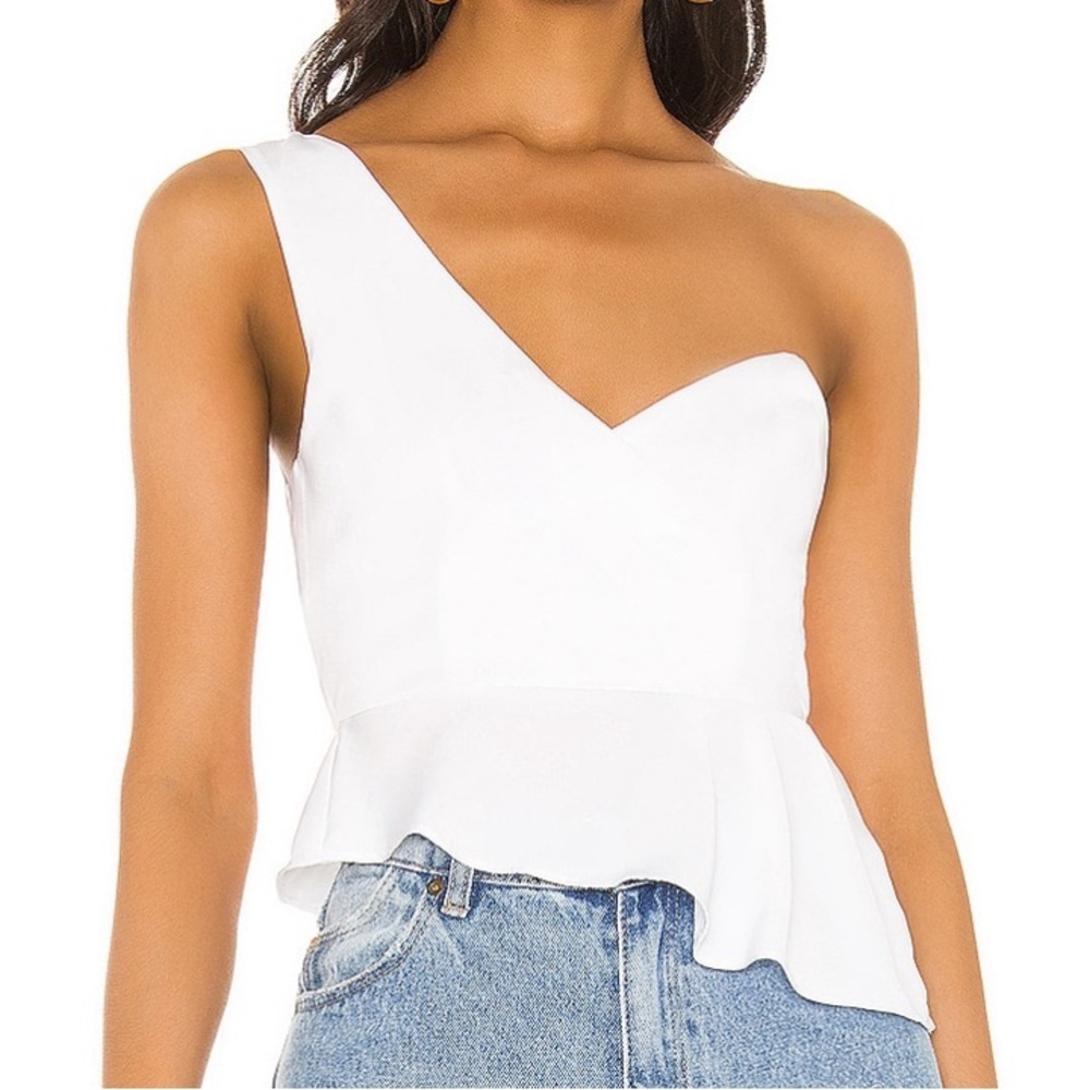 Superdown white peplum one shoulder top, size large